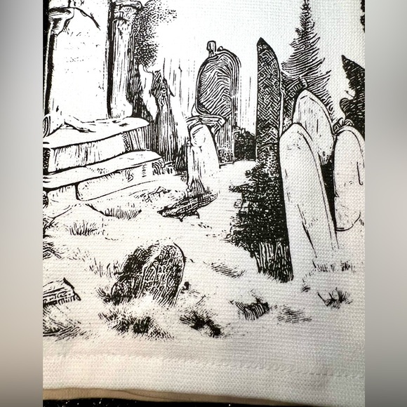 2 Halloween Haunted Graveyard Kitchen Towels Metallic Gold Moon Black Tombstones - Picture 7 of 10
